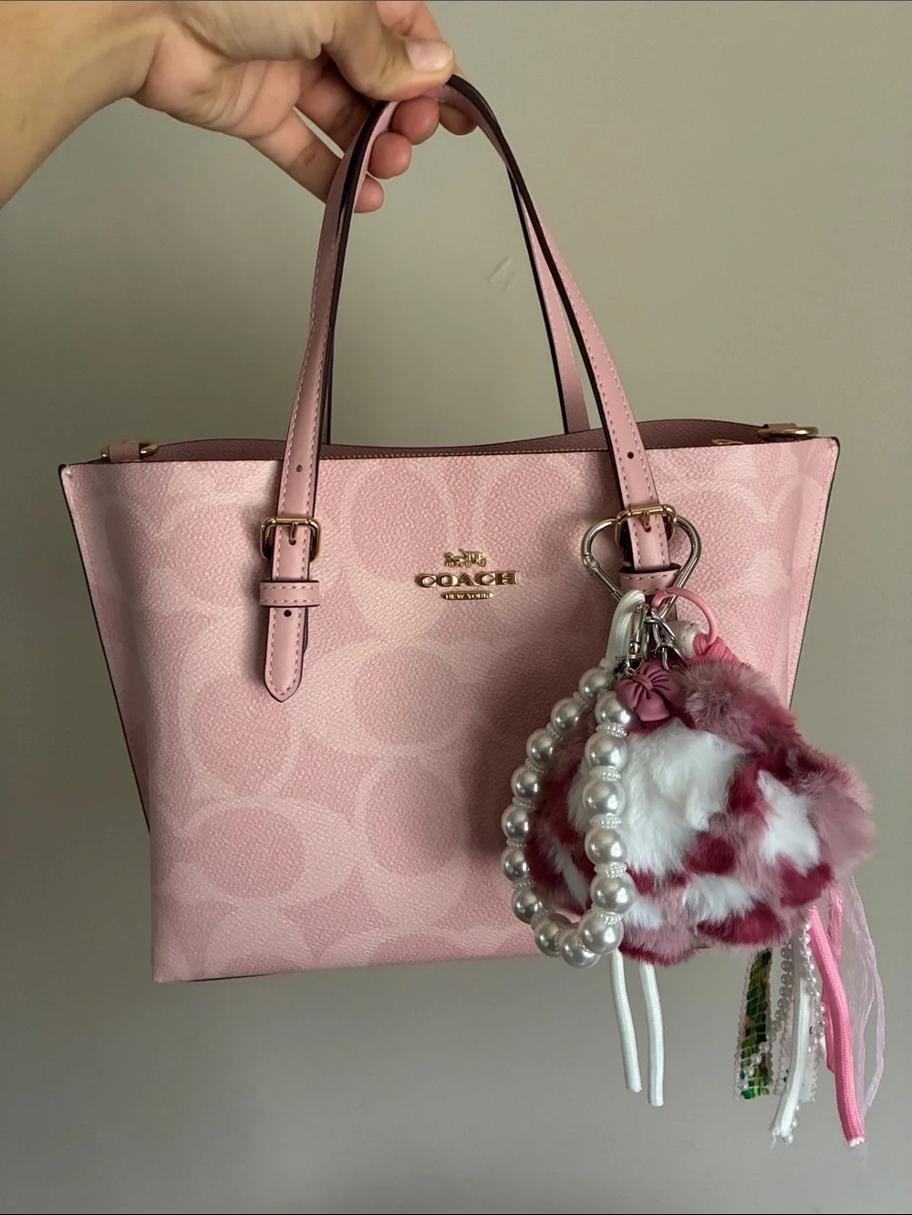 Pink & White Fur Pom-Pom Bag Charm with Pearl Strap Keychain